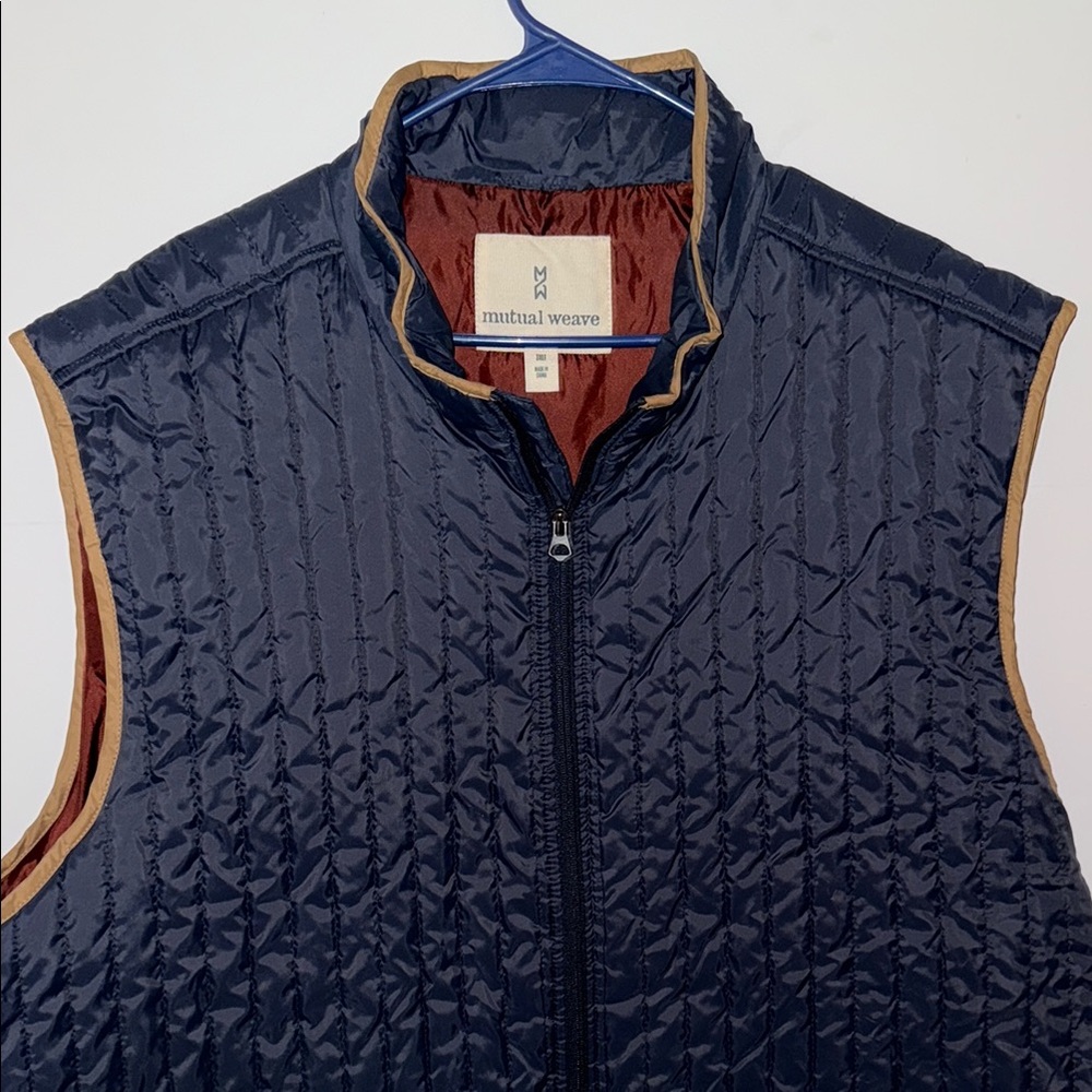 Navy Blue Quilted Vest with Brown Trim and Zipper